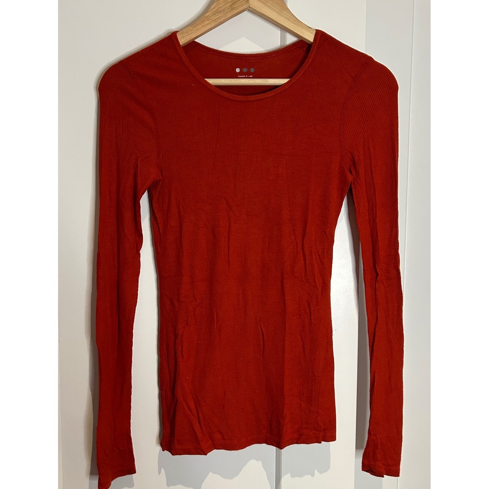 Three Dots Womens Rust Red Ribbed Long‎ Sleeve Crew Neck Top JY2C007 Small USA